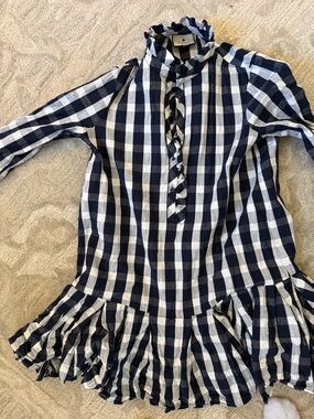 Tuckernuck Navy and White Gingham Ruffle Shirt Dress